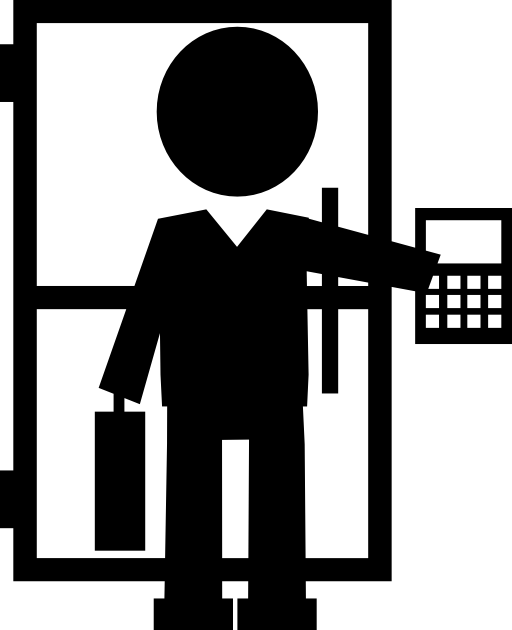 Teacher standing with suitcase and calculator close to the door