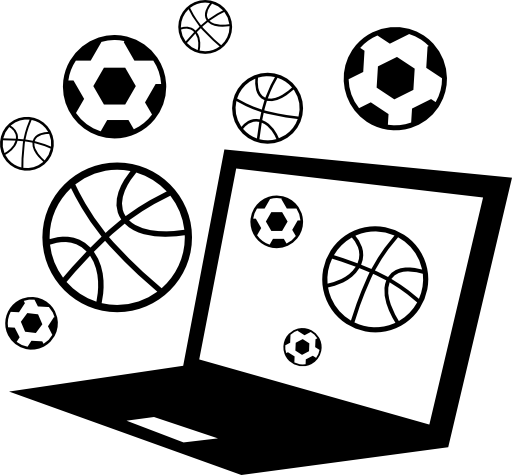 Computer with soccer and basketball balls around