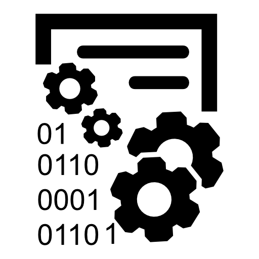 Data management interface symbol with gears and binary code numbers